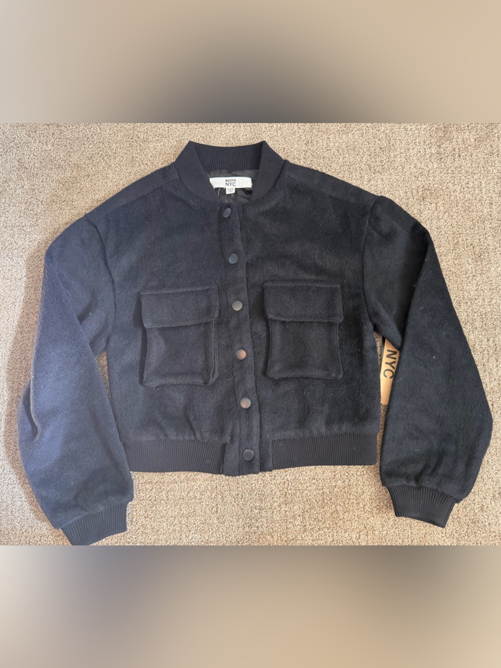 NYC Black Womens Snap-Front Cardigan with Patch Pockets